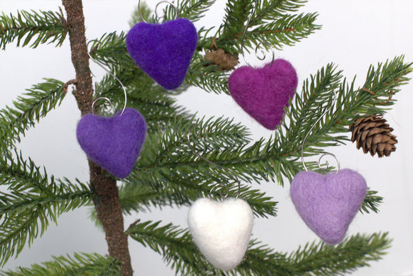 Valentine's Day Heart Ornaments- SET OF 5- Purple, White