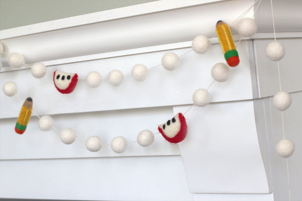 Classroom Decor Pencil & Apple Banner- White Felt Balls- First Day School- First Day School- 1" Felt Balls, 2" Apples, 2.75" Pencils