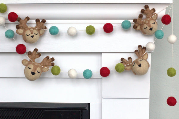 Reindeer Christmas Garland- Turquoise Red & Green- Holiday Winter Mantle Decor