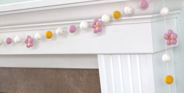 Felt Daisy Garland- Golden, White with Baby Pink Daisies- Spring Summer Easter- 100% Wool