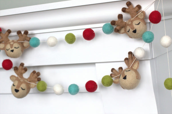 Reindeer Christmas Garland- Turquoise Red & Green- Holiday Winter Mantle Decor