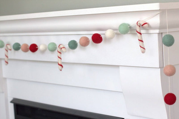 Candy Cane Garland Decor- Christmas Holiday Felt Balls- Red, Pink, Teal