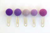 Felt Ball Planner Clip Bookmark- SET OF 5- Shades of Purples- Planner Accessories - Page Marker Pom Poms - 1" Felt Ball