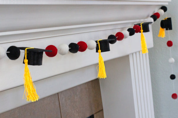 Graduation Cap Felt Ball Garland- Red Black White with GOLD tassels - 1" (2.5 cm) Wool Felt Balls- Graduation Hat Party Decor Banner…