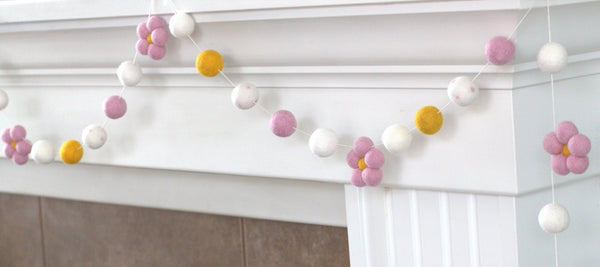 Felt Daisy Garland- Golden, White with Baby Pink Daisies- Spring Summer Easter- 100% Wool