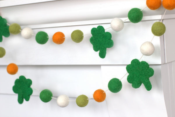 Shamrock Garland- St. Patrick's Day- Orange, Green, White- Wool Felt Pom Poms Eco-Friendly