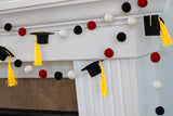 Graduation Cap Felt Ball Garland- Red Black White with GOLD tassels - 1" (2.5 cm) Wool Felt Balls- Graduation Hat Party Decor Banner…