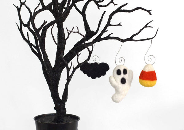 Halloween Ornaments- SET OF 3- Ghost, Bat, Candy Corn