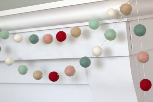 Christmas Felt Ball Garland- Red, Pink, Teal, Almond, White- Vintage Holiday