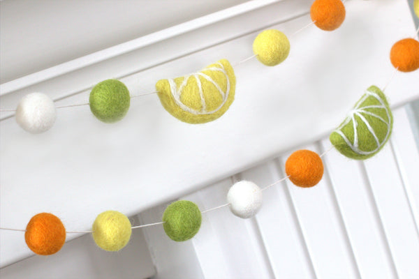 Citrus Fruit Felt Ball Garland- Yellow Green Orange Lemon Lime