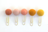 Felt Ball Planner Clip Bookmark- SET OF 5- Peach & Golden Colors- Planner Accessories - Page Marker Pom Poms - 1" Felt Ball