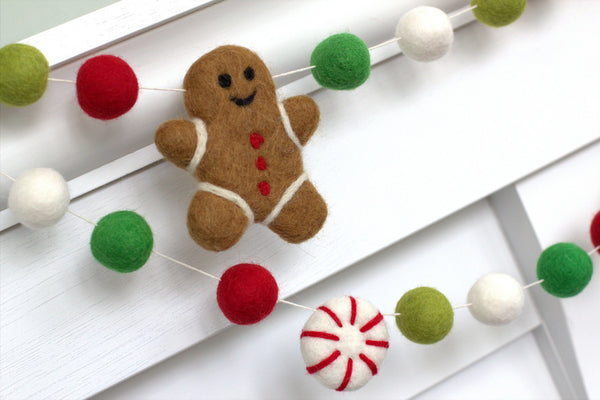 Gingerbread & Peppermint Christmas Felt Garland- Red & Green