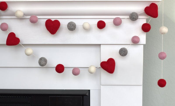Valentine's Day Garland- Red, Gray, Baby Pink, White Felt Balls & Hearts
