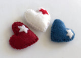 Fourth of July Felt Hearts with Stars- SET OF 3- Approx 1.75" tall- 100% Wool Felt