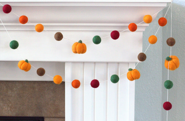 Thanksgiving Pumpkin Garland- Burgundy Orange Green Brown- Felt Balls & Light Orange Pumpkins- Fall Autumn Halloween Thanksgiving