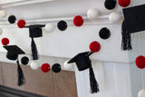 Graduation Cap Felt Ball Garland- Red Black White with BLACK tassels - 1" (2.5 cm) Wool Felt Balls- Graduation Hat Party Decor Banner…