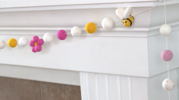 Bumble Bee & Daisy Felt Garland- Pink, Golden Yellow, White- Wool Felted Flowers, Bees and Balls- Spring Summer Easter- 100% Wool