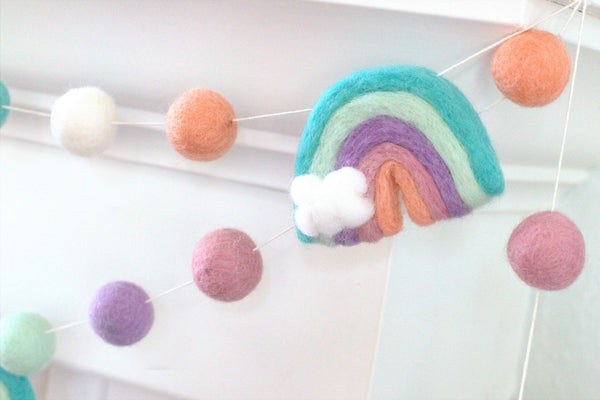 Rainbow Felt Ball Garland - Muted Pastels Pink Peach Lavender- Wool Felt Balls- Clouds- Playroom Nursery Children's Room Decor