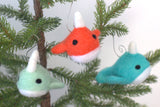 Narwhal Christmas Tree Ornaments- SET of 3- Coral, Turquoise, Seafoam