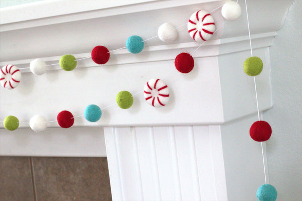Peppermint Felt Christmas Garland- Red, Turquoise, Lime Green & White