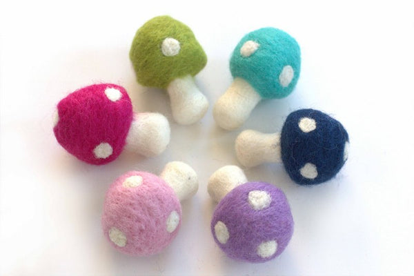 Wool Felt Mushrooms- Pink Purple Blue Green- 6 Pieces- 1.5" x 2.5"