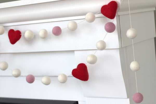Valentine's Day Heart Garland- Pink and White with Red Hearts- Wool Felt- Ecofriendly