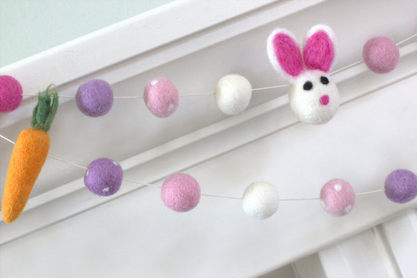Easter Garland Decor- Bunny & Carrot, Felt Ball Garland- Lavender & Pink