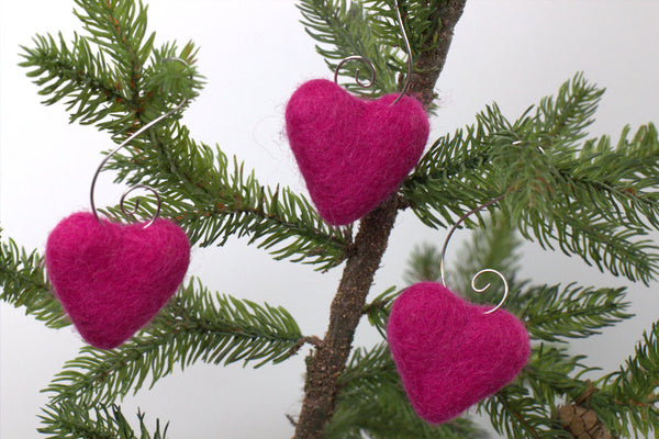 Valentine's Day Heart Ornaments- SET OF 3 or 6- Berry Pink Hearts with Silver Hooks- Tree Decor- Finished Ornament approx. 3.5" tall