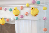 Chick Easter Felt Ball Garland- Pink, Peach, Turquoise, Yellow