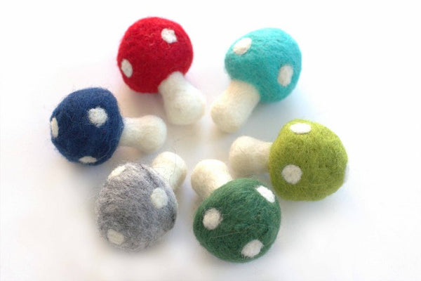 Wool Felt Mushrooms- Red Blue Green Gray- 6 Pieces- 1.5" x 2.5"