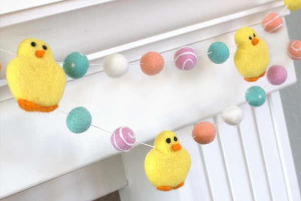 Chick Easter Felt Ball Garland- Pink, Peach, Turquoise, Yellow