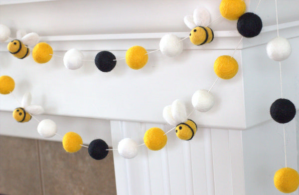 Bumble Bee Felt Garland- Golden Yellow, Black & White- 100% Wool Felt Balls & Bees
