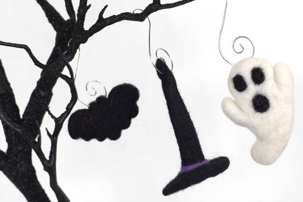 Halloween Ornaments- SET OF 3- Ghost, Bat, Witch Hat