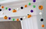 Halloween Pumpkin Garland- Green Purple Orange Black- Felt Balls & Light Orange Pumpkins- Fall Autumn Halloween Thanksgiving