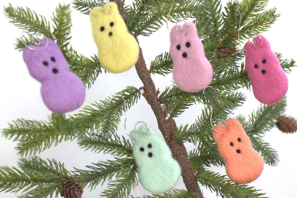 Easter Marshmallow Bunny Ornaments- Set of 6- Pastel Rainbow Spring Colors- Bunny Tree Decor- Approx. 4" tall