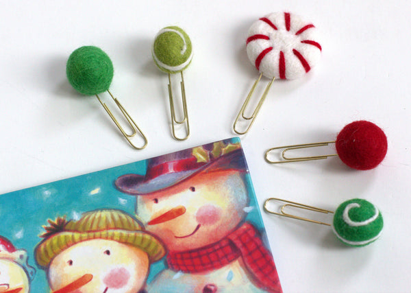 Christmas Bookmark Clips- SET OF 5- Felt Peppermint, Swirls & Pom Poms- Planner Accessories - Page Markers