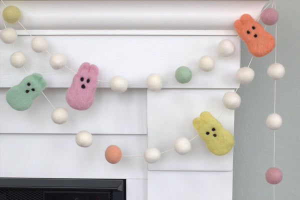 Bunny Garland Home Decor- Easter Marshmallow Bunnies & White Felt Ball Poms, Pastels- 1" Felt Balls, 2.5" Bunnies - 100% Wool