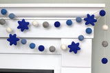 Hanukkah Garland Star of David- Shades of Blue, Gray, White - Holiday Decor- 1" Felt Balls, 2" Stars