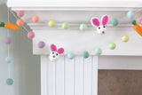 Easter Garland Decor- Bunny & Carrot, Felt Ball Garland- Pastel Rainbow