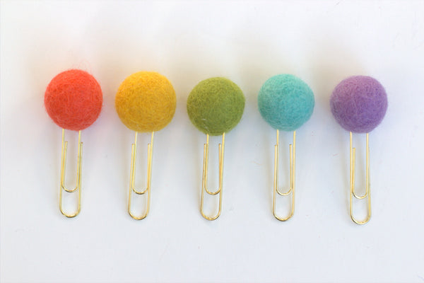 Felt Ball Planner Clip Bookmark- SET OF 5- Bright Rainbow Colors- Planner Accessories - Page Marker Pom Poms - 1" Felt Ball