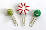 Christmas Bookmark Clips- SET OF 3- Felt Peppermint, Swirls & Pom Poms- Planner Accessories - Page Markers