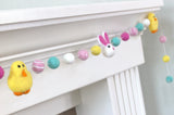Bunny & Chick Easter Felt Ball Garland- Pink, Turquoise, Yellow