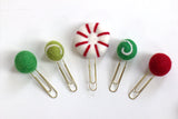 Christmas Bookmark Clips- SET OF 5- Felt Peppermint, Swirls & Pom Poms- Planner Accessories - Page Markers