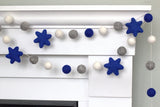 Hanukkah Garland Star of David- Blue, Gray, White - Holiday Decor- 1" Felt Balls, 2" Stars