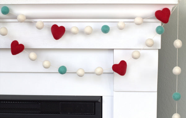 Heart Valentine's Day Garland- Turquoise and White with Red Hearts- Wool Felt- Ecofriendly