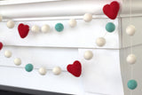 Heart Valentine's Day Garland- Turquoise and White with Red Hearts- Wool Felt- Ecofriendly