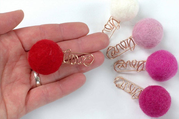 Valentine's Day Bookmark Clips- SET OF 3- Shades of Pink- Rose Gold Love Clip- Planner Accessories - Page Marker Pom Pom - 1" Felt Ball