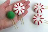 Christmas Bookmark Clips- SET OF 3- Felt Peppermint & Pom Poms- Planner Accessories - Page Markers