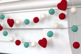 Heart Valentine's Day Garland- Turquoise, Red, White with Red Hearts- Wool Felt- Ecofriendly
