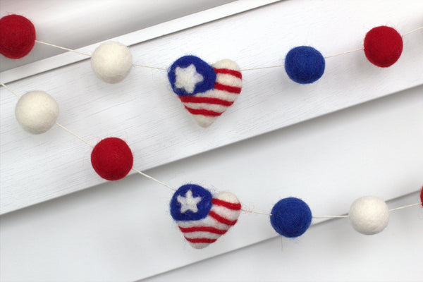 American Flag Hearts Garland- Red White & Blue- Memorial Day- Fourth July- 1" Felt Balls, 1,75" Hearts